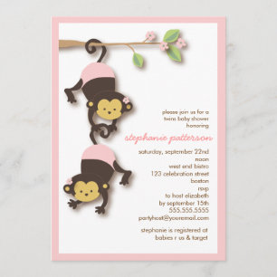 Modern Monkey Twin Girls Baby Shower Invitation