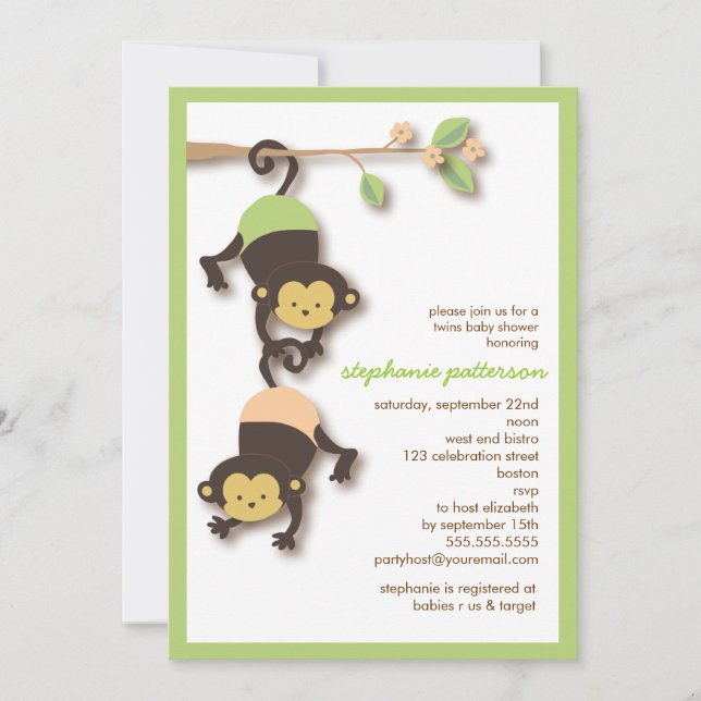 Modern Monkey Twins Neutral Baby Shower Invitation (Front)