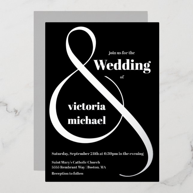 Modern Monochromatic Ampersand  Foil Invitation (Front/Back)