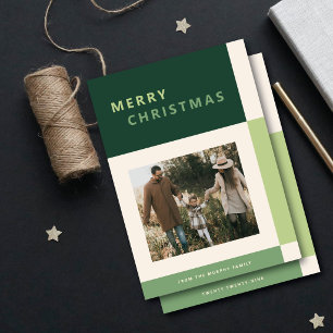 Modern Monochromatic Green Colour Block Two Photo Holiday Card