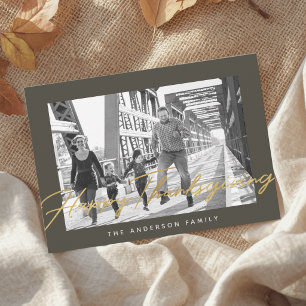 Modern Monochrome and Gold Thanksgiving Photo Holiday Card