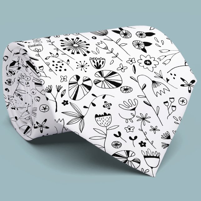 Modern Monochrome Black and White Wild Flower Tie (Creator Uploaded)
