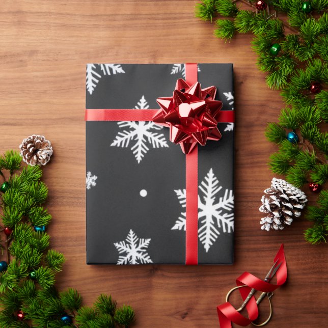 Modern Monochrome Black White Snowflakes Wrapping Paper (Holiday Gift)