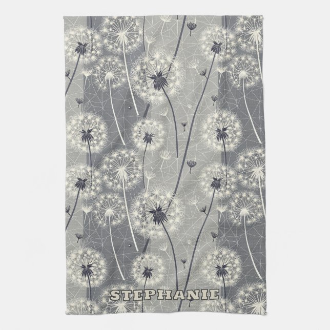Modern Monochrome Dandelion Tea Towel (Vertical)