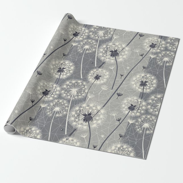 Modern Monochrome Dandelion Wrapping Paper (Unrolled)