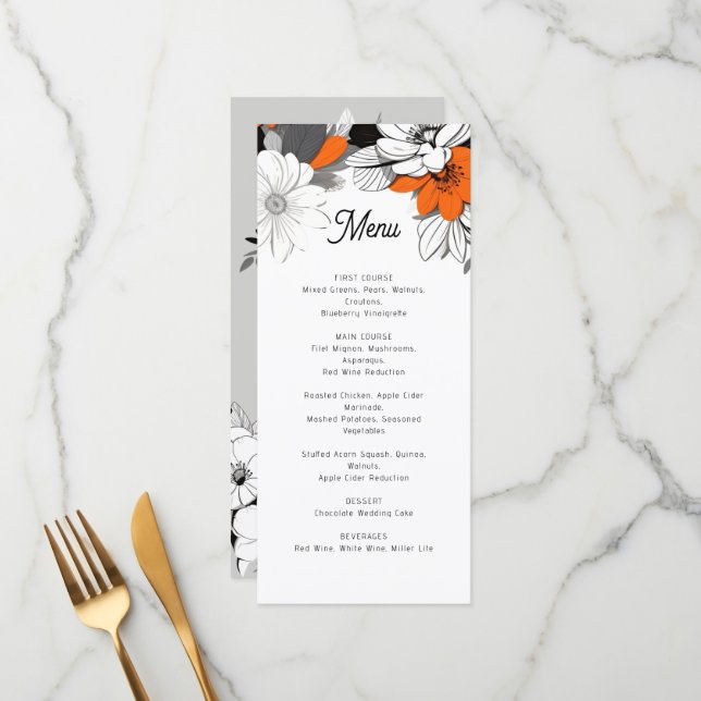 Modern monochrome floral wedding menu (Front/Back In Situ)