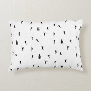 Modern Monochrome Skiers Skiing Illustration Decorative Cushion