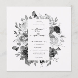 Modern Monochrome White Floral Square Wedding Invitation