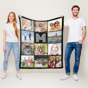 Modern Monogram 11 Photo Collage Custom Colour Fleece Blanket