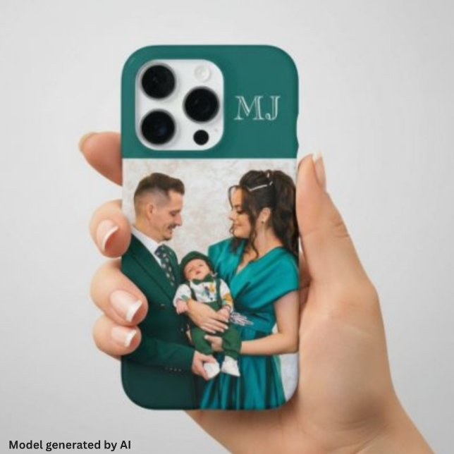 Modern Monogram 1 Photo Teal Green iPhone Case (Creator Uploaded)