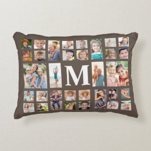 Modern Monogram 32 Family Photo Collage Brown Decorative Cushion