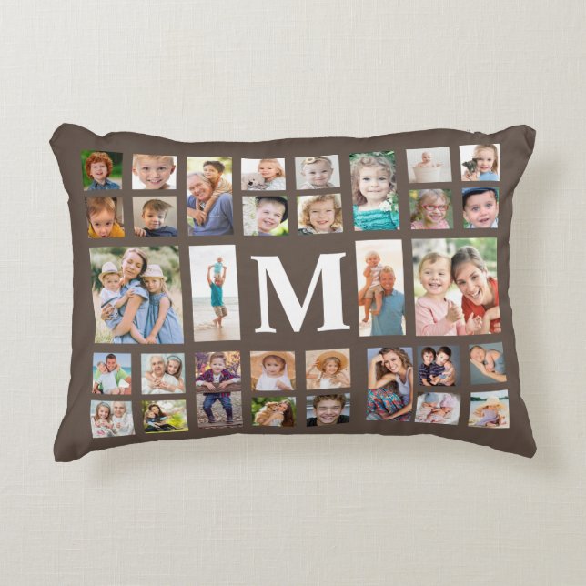 Modern Monogram 32 Family Photo Collage Brown Decorative Cushion (Front)
