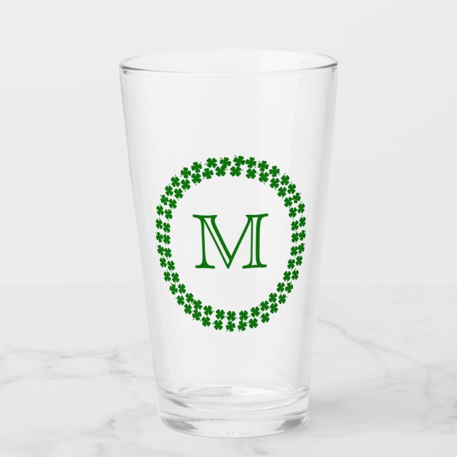 Modern Monogram 4 Leaf Clover Green Shamrock Glass (Front)