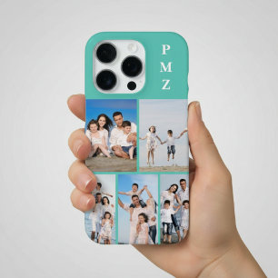 Modern Monogram 5 Photo Collage Aqua Blue Teal iPhone 16 Pro Case