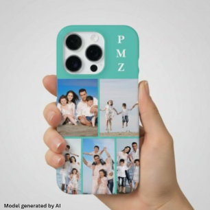 Modern Monogram 5 Photo Collage Aqua Blue Teal iPhone 16 Pro Case