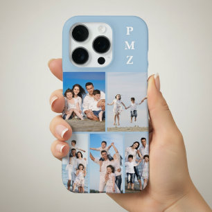 Modern Monogram 5 Photo Collage Baby Blue iPhone 16 Pro Case