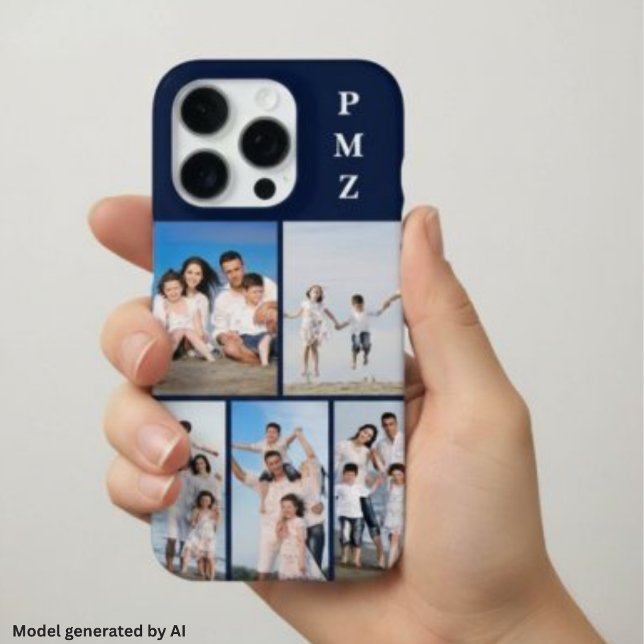 Modern Monogram 5 Photo Collage Dark Navy Blue iPhone Case (Creator Uploaded)