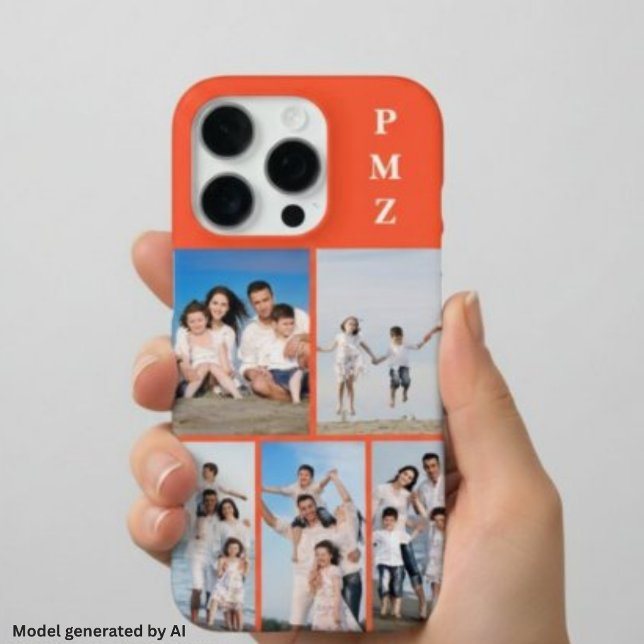 Modern Monogram 5 Photo Collage Persimmon Orange iPhone Case (Creator Uploaded)