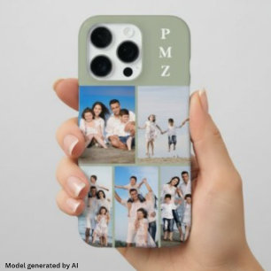 Modern Monogram 5 Photo Collage Sage Green iPhone 16 Pro Case