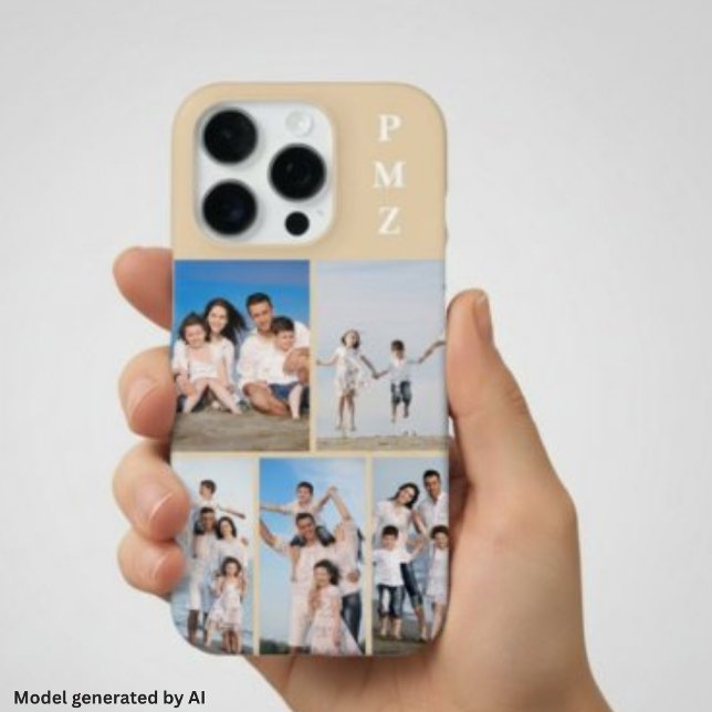 Modern Monogram 5 Photo Collage Sand Cream Beige iPhone Case (Creator Uploaded)