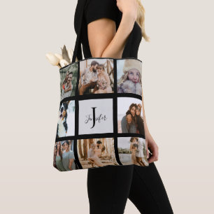 Modern Monogram 8 Photo Collage Custom Name Tote Bag