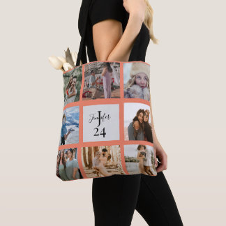 Modern Monogram 8 Photo Custom Name and age Tote Bag