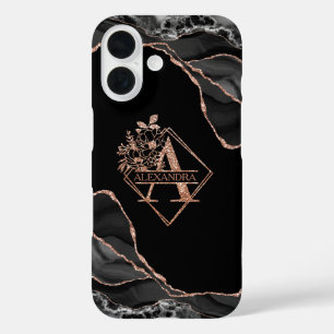 Modern Monogram A Black Agate Marble Rose Gold  iPhone 16 Case