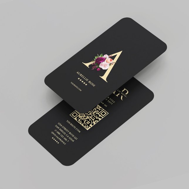 Modern Monogram A Elegant Floral Black  Business Card (Modern Monogram A Elegant Floral Black Gold Business Card
)