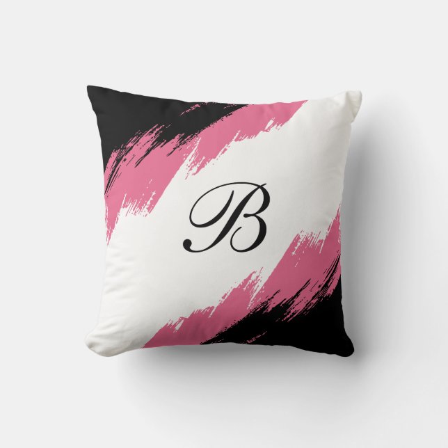 Modern Monogram Abstract Pink Black White Cushion (Front)