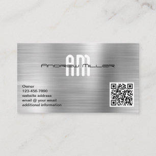 Modern Monogram Add QR Code Faux Brushed Metal Business Card
