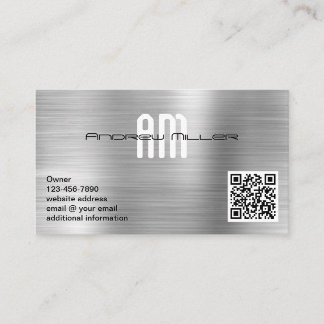 Modern Monogram Add QR Code Faux Brushed Metal Business Card (Front)