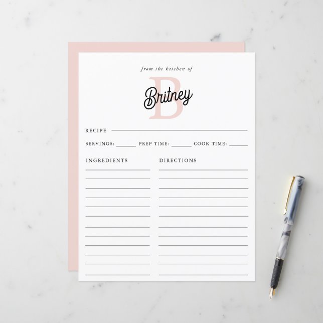 Modern Monogram and Name Pastel Pink Recipe (Front/Back In Situ)