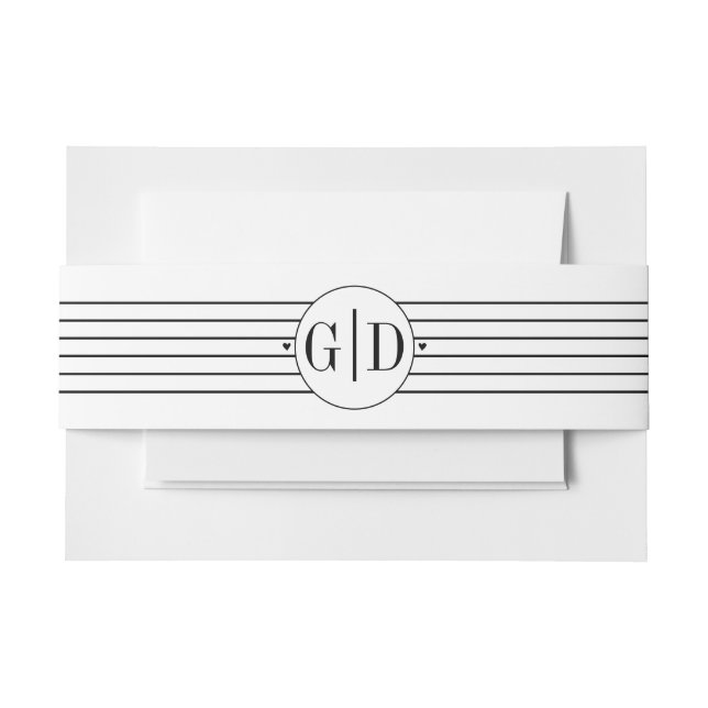 Modern monogram and stripes black, white wedding invitation belly band (Front Example)