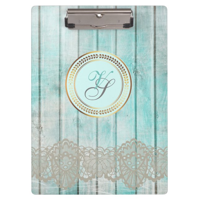 Modern Monogram Antique Pattern Blue Vintage Wood Clipboard (Front)