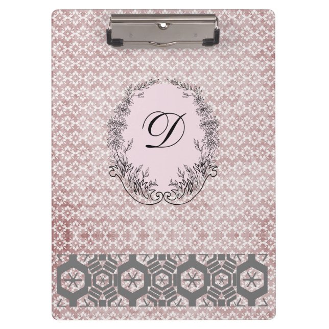 Modern Monogram Antique Pattern  Vintage Pink Grey Clipboard (Front)