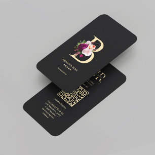 Modern Monogram B Aesthetic Floral Black Gold Business Card