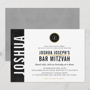 MODERN MONOGRAM BAR MITZVAH side bar black gold Invitation