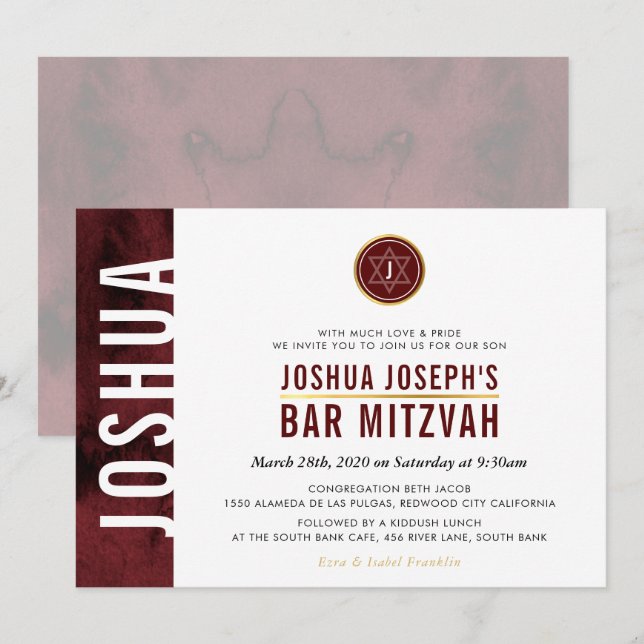 MODERN MONOGRAM BAR MITZVAH side bar maroon red Invitation (Front/Back)