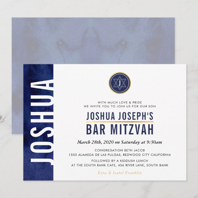 MODERN MONOGRAM BAR MITZVAH side bar navy blue Invitation (Front/Back)