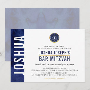MODERN MONOGRAM BAR MITZVAH side bar navy blue Invitation