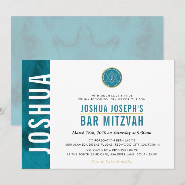 MODERN MONOGRAM BAR MITZVAH side bar teal blue Invitation (Front/Back)