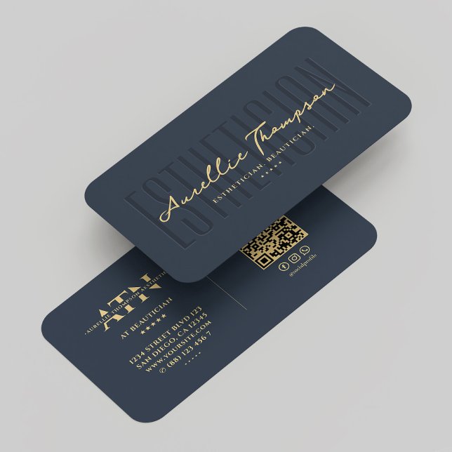 Modern Monogram Beautician Aesthetician Blue Gold Business Card (Modern Monogram Beautician Esthetician Blue Gold Business Card
)
