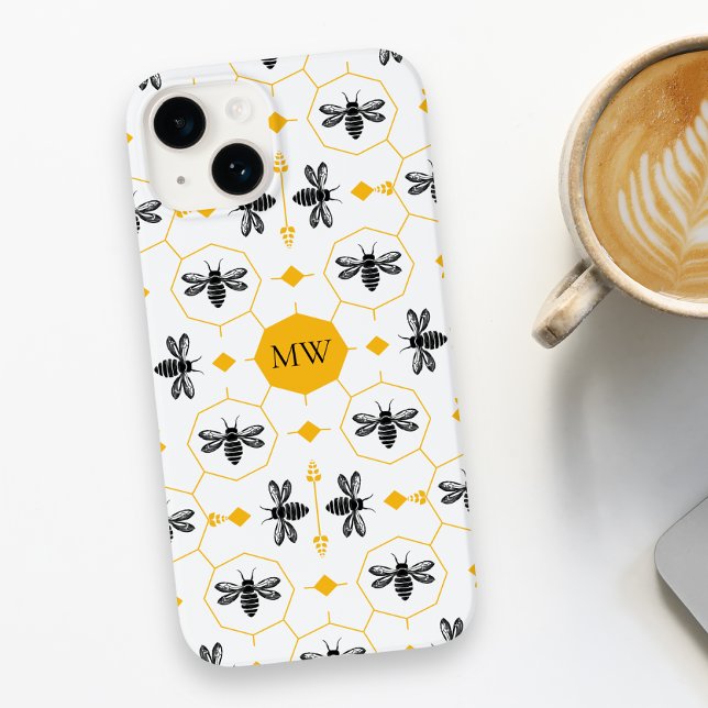 Modern Monogram Bee Pattern Yellow Honeycomb Chic Case-Mate iPhone Case (Modern Monogram Bee Pattern Yellow Honeycomb Chic Case-Mate iPhone Case)