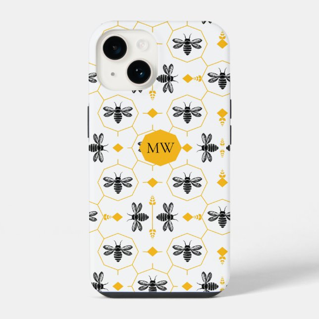 Modern Monogram Bee Pattern Yellow Honeycomb Chic iPhone Case (Back)