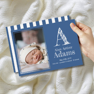 Modern Monogram Birth Stats   Blue Photo Announcement