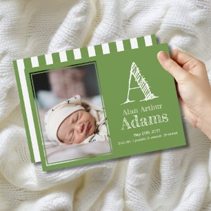 Modern Monogram Birth Stats   Green Photo Announcement