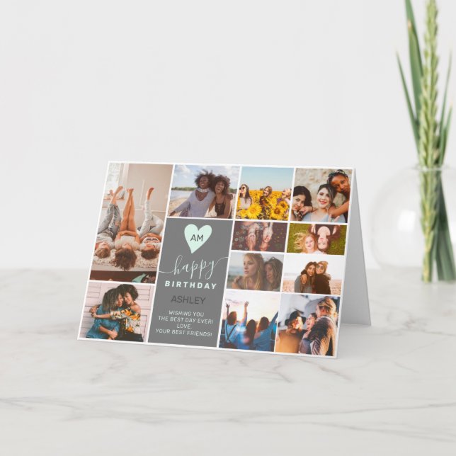 Modern monogram birthday teal 12 photo collage card (Front)