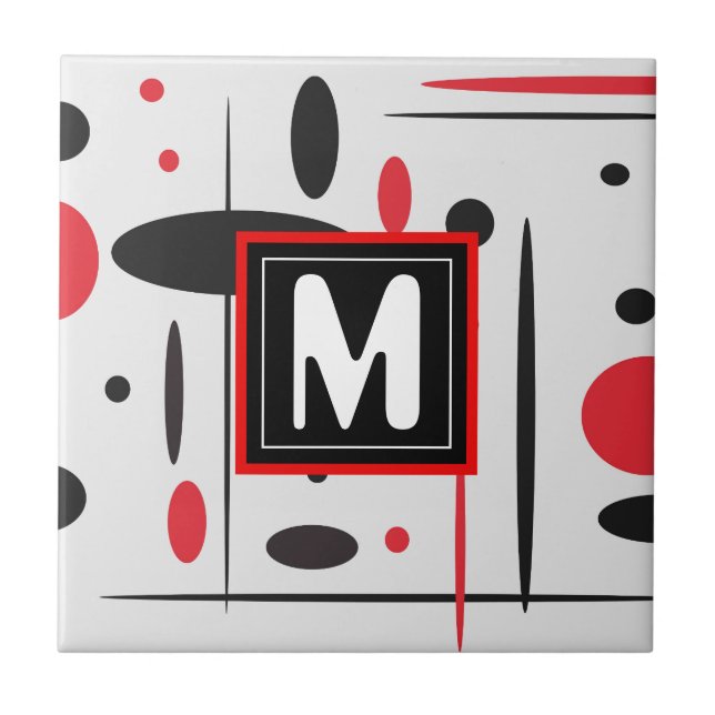 Modern Monogram Black and Red Ceramic Tile (Front)