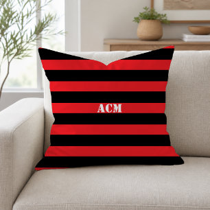 Modern Monogram Black and Red Stripes Cushion