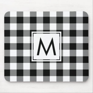 Modern Monogram Black and White Gingham Pattern Mouse Mat